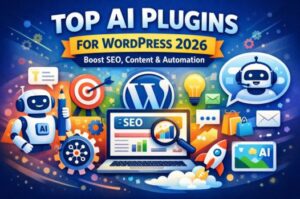 Top AI plugins for WordPress 2026 illustration showing SEO, automation and chatbot tools