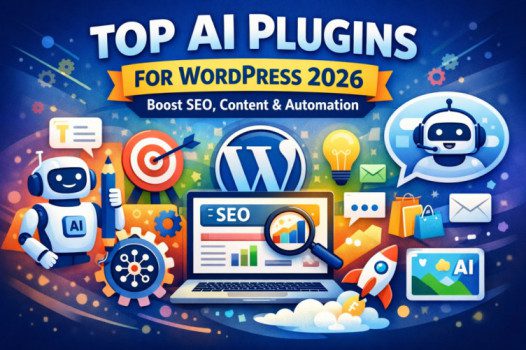 Top AI plugins for WordPress 2026 illustration showing SEO, automation and chatbot tools