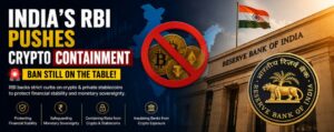 Reserve Bank of India building with Bitcoin and crypto symbols representing RBI's crypto containment policy and possible future crypto restrictions in India.