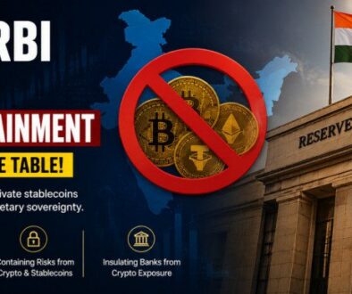 Reserve Bank of India building with Bitcoin and crypto symbols representing RBI's crypto containment policy and possible future crypto restrictions in India.