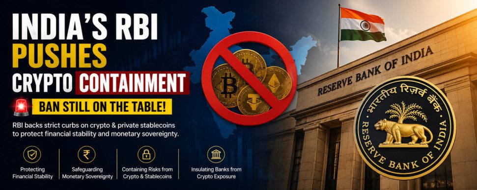 Reserve Bank of India building with Bitcoin and crypto symbols representing RBI's crypto containment policy and possible future crypto restrictions in India.